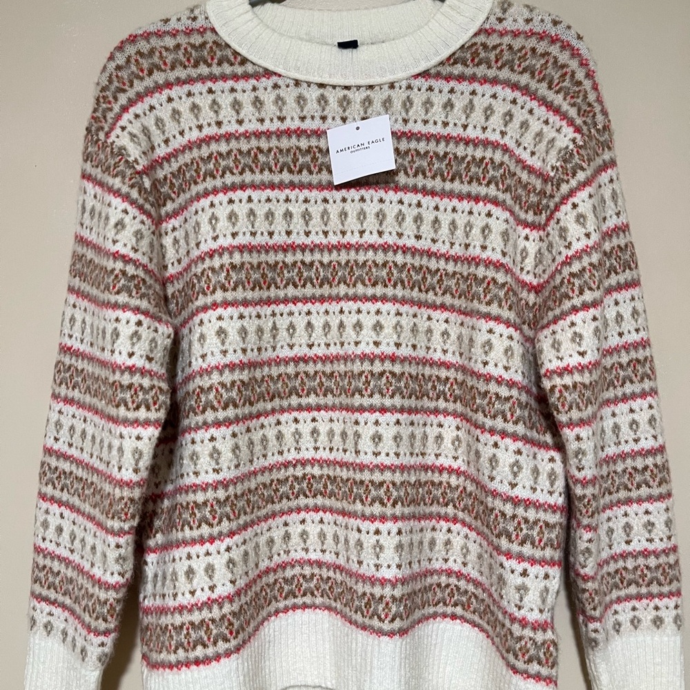 American Eagle Outfitters Patterned Crew Neck Sweater - Cream and Red